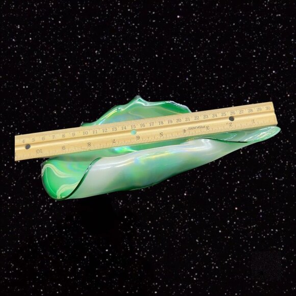 Polish Art Glass Folded Bowl Dish Glass Green Iridescent Poland Vintage 10”W 2”T - Picture 10 of 16